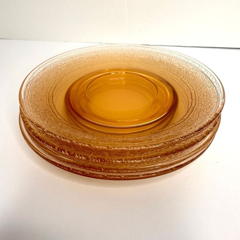 Set of (4) Fostoria Royal Amber Etched 6” Bread Dessert Plates Vintage Glass